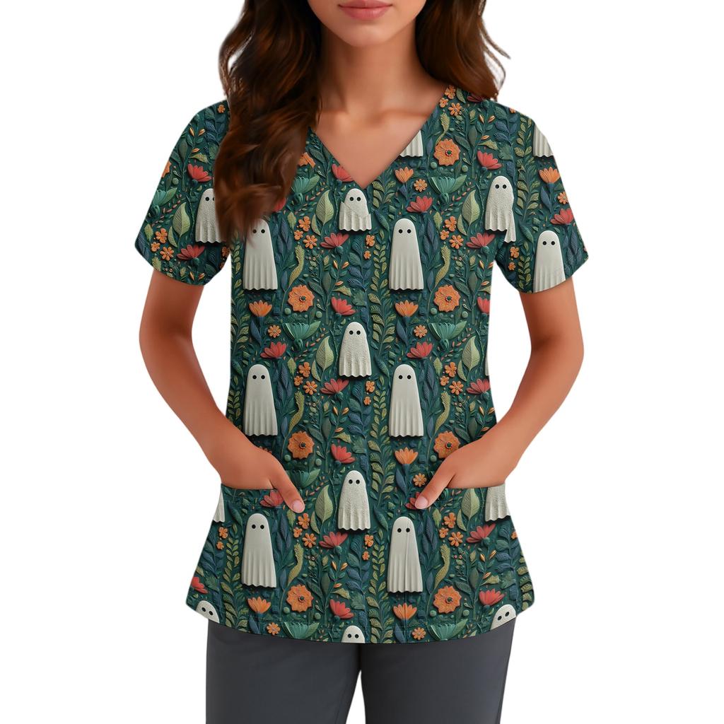 Women V Neck Short Sleeve Halloween Print Top with Pocket Scrub Shirt for Healthcare Professionals Uniform