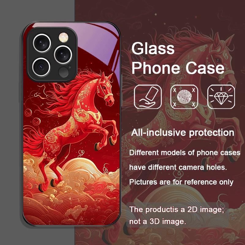 Stilvolle Rote Pferdedruck-Handyhülle aus gehärtetem Glas im chinesischen Stil für iPhone 17 16 Pro Max 15 14 13 12 Mini 11 X XS 7 8 Plus Hülle