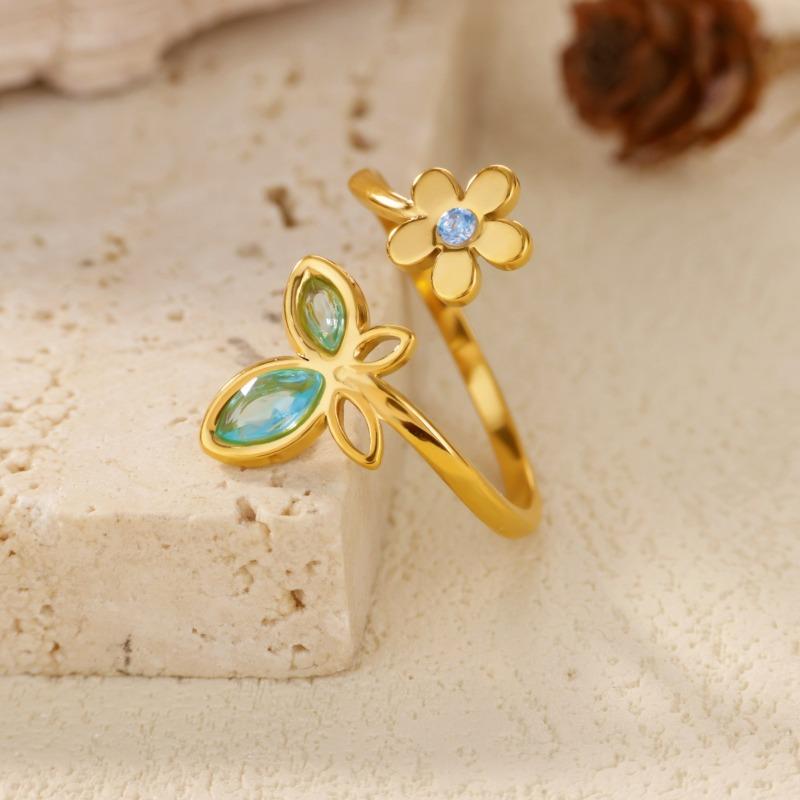 Spring and Summer New Rainbow Zircon Flower Butterfly Ring Women's Gold Titanium Steel Open Ring Jewelry