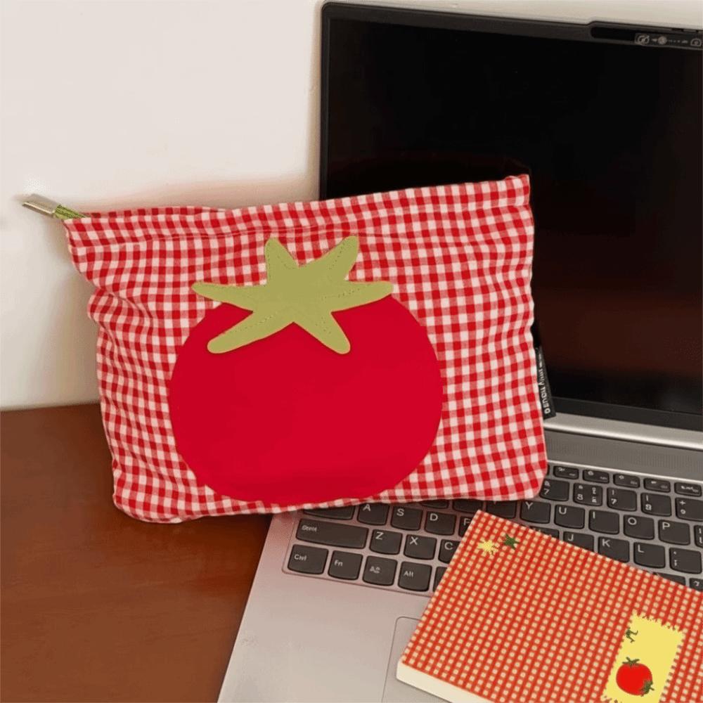 Tomato Makeup Bag Red Pencil Pouch Minimalist Grid Cosmetic Bag  Girls