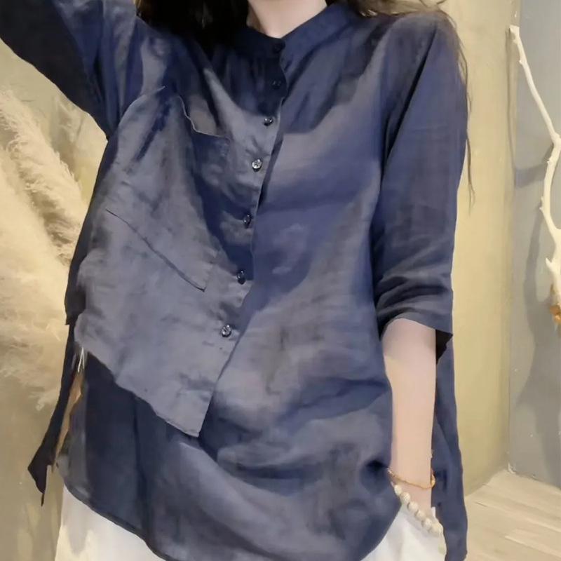 Women's Retro Cotton and Linen Shirt, Spring/Summer 2024, Loose Three-Quarter Sleeves, Belly-Covering, Lightweight Top