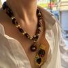Heart Flower Geometric Pendant Necklace for Women Vintage Leopard Print Rope Chain Jewelry Accessory