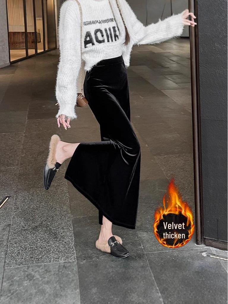 Golden Velvet High-Waist Slit Skirt: Retro Slimming Drape for Women, Spring-Autumn 2026
