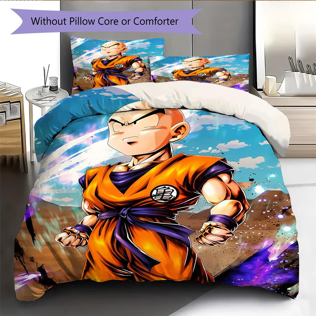 Dragon Ball Krillin Muster Bettwäsche Heimdekoration Geburtstagsgeschenk (1 Bettbezug + 2 Kissenbezüge, ohne Füllung)