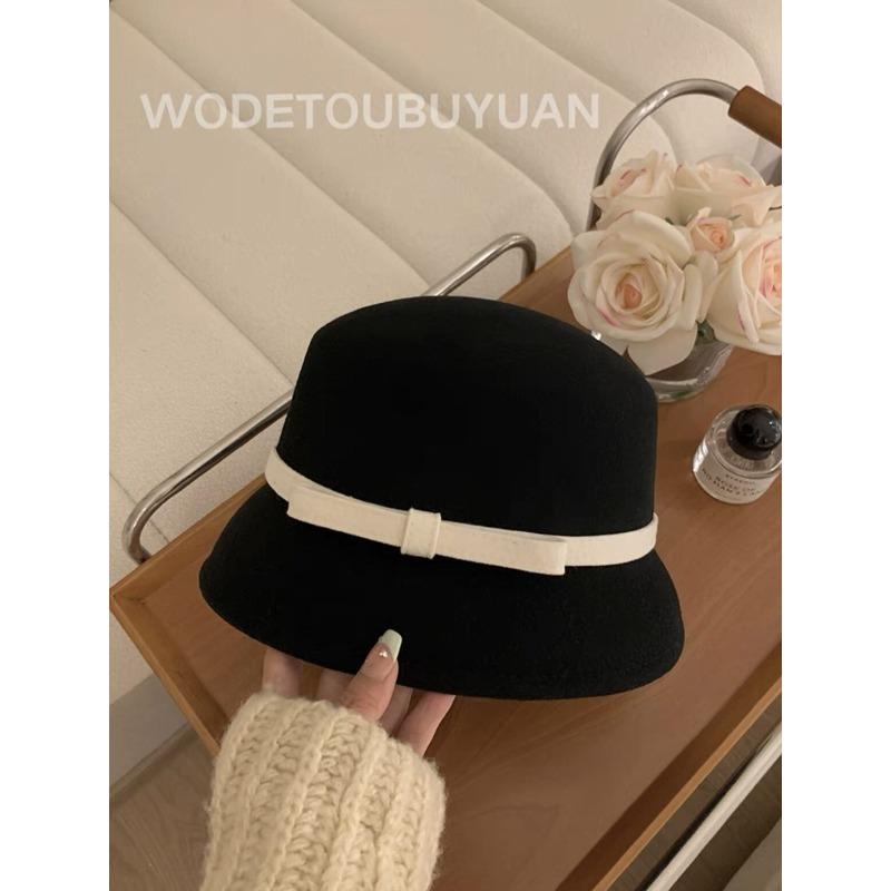 

Autumn and Winter Bow Fashion Hat Hepburn Style Australian Wool Fisherman Hat French Retro Small Fragrance Elegant Top Hat one size