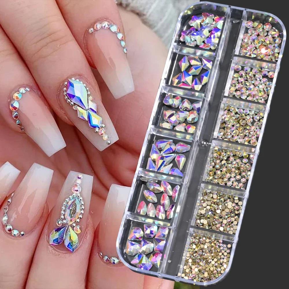 12Grids Pink Mixed Nail Rhinestones Luxury Nail Charms Glitter Crystal Jewelry Gems Nail Art Decoration DIY Manicure Rhinestones