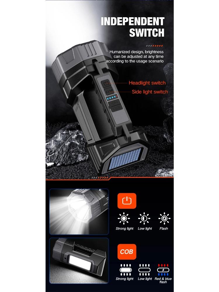 New Flashlight Solar Searchlight Strong Light Illumination Portable Handheld Flashlight Outdoor Multifunctional Lighting