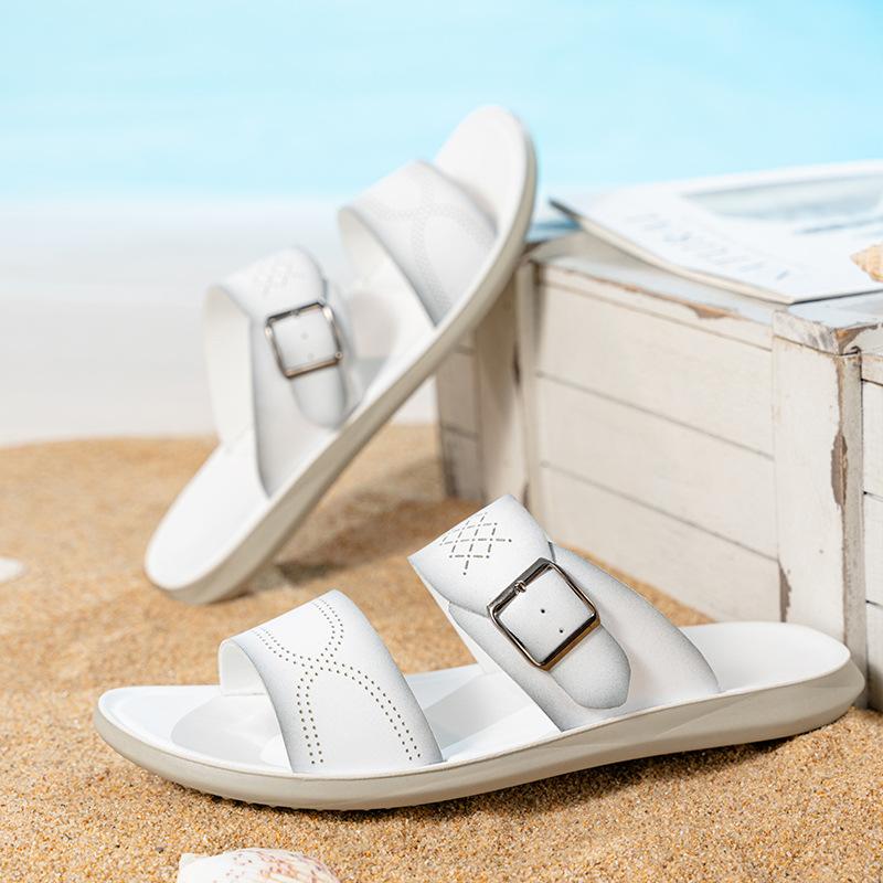 

Fashion Summer Nerw Fashion Men s Casual Simple Solid Color Buckle Monk Strap Pu Leather Slip-on Flat Heel Adjustable Slippers 38