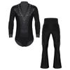 Mens Latin Dance Costume Glittery Rhinestones V Neck Long Sleeve Satin Patchwork Bodysuit Tassel Flared Pants Stage Set