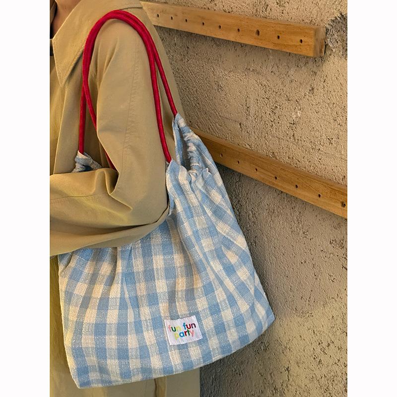 Korean lazy style canvas bag new plaid large-capacity commuting shoulder tote bag niche versatile handbag
