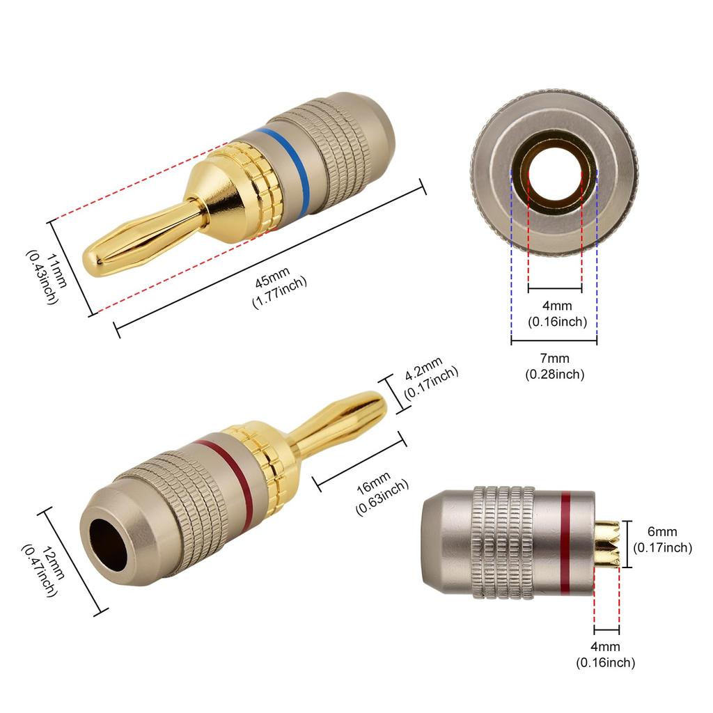 LCYOUTH Pure Copper Banana 24K Gold for Speaker Set of 8 Plugs, Plated, Cables,