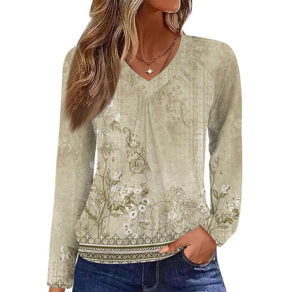 Women's Casual Fashion V-Neck Raglan Pleated Floral Print Long Sleeve Top