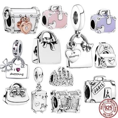 Sälj väl S925 Sterling Silver Shoppingväska Ryggsäck Äventyr Resväska Charm Pärlor Passar Original Armband Smycken