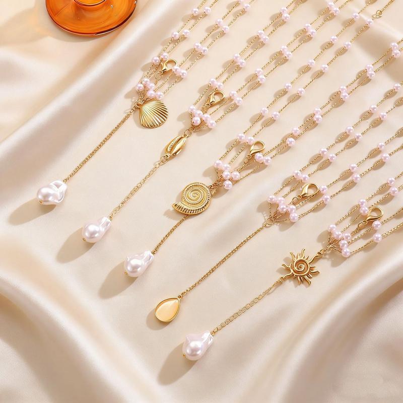 Fashion Sexy Metal Shell Pendant Chest Chain for Women Simple Imitation Pearl Multi-Layer Body Chain Seaside Vacation Zircon