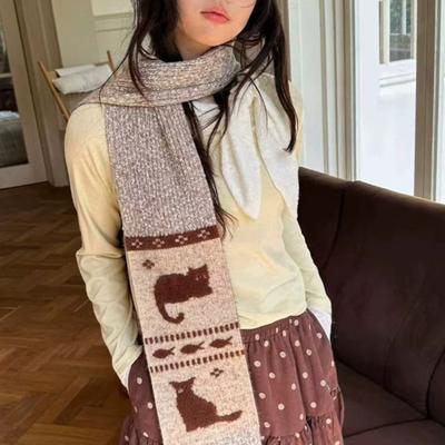 Women Scarf Cartoon Cat Design Arctic Fleece Warm Soft Universal Size Long Scarf Casual Clothing Accessory