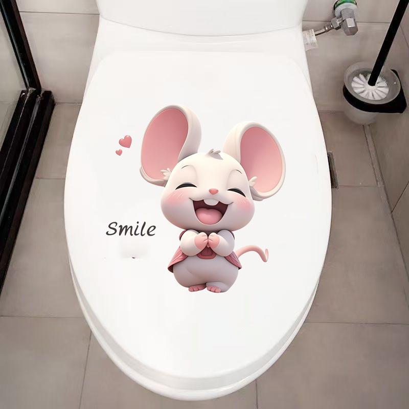 Self-adhesive Cute Cartoon Smiling Mouse Toilet Stickers for Bathroom Toilet Seat and Tank Home Decor