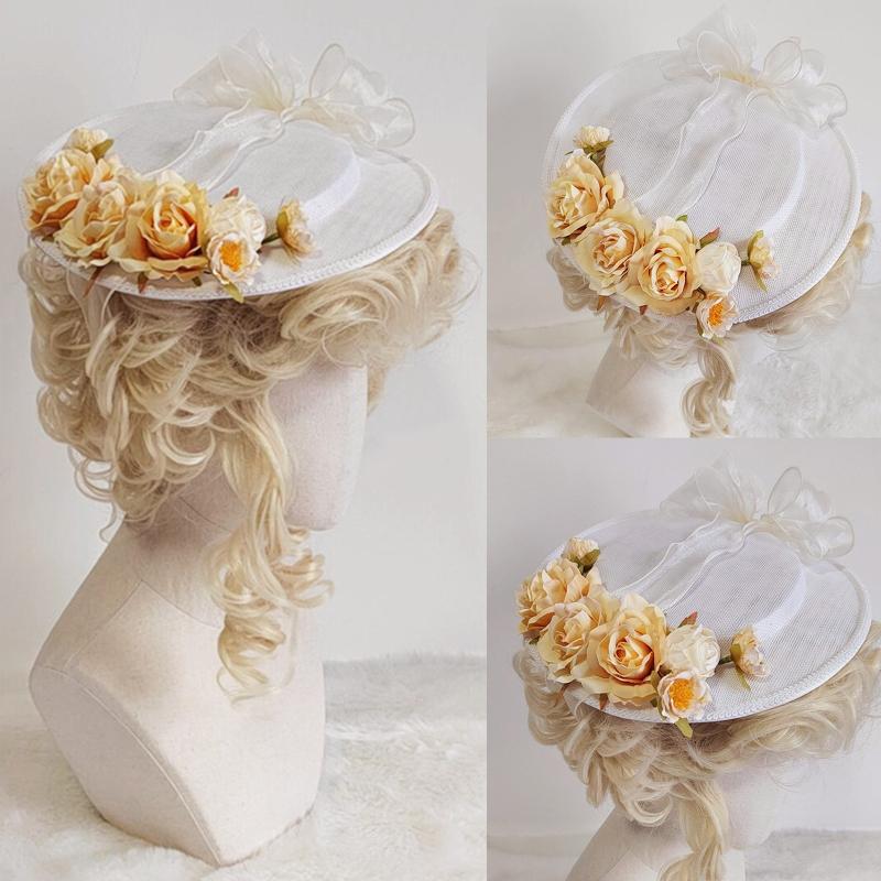 Exquisite Lolita Hat Flat Top Hat with Light Yellow Flowers All-match Bonnet Hat for Afternoon Pastoral Party Tea Party