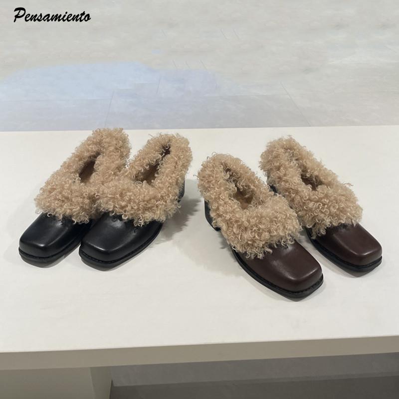 Fashion Ins style Fashion Square toe Patent Leather Wool Women Pumps Autumn Winter Warm High heels Loafers Casual Girls Chunky Shoes