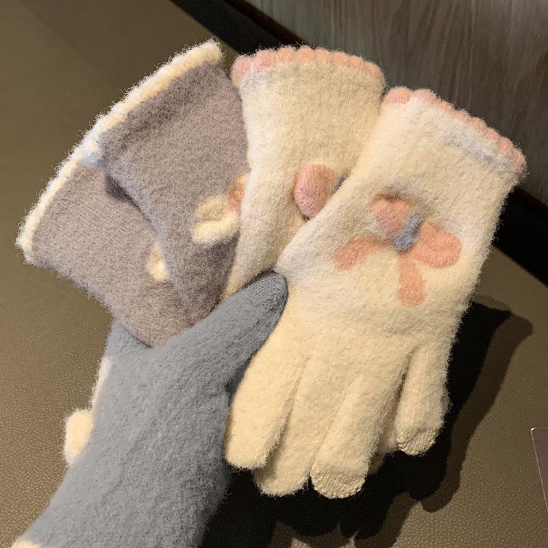 Touch Screen Knitted Gloves Wool Warm Five Fingers Winter Riding Bow Gloves