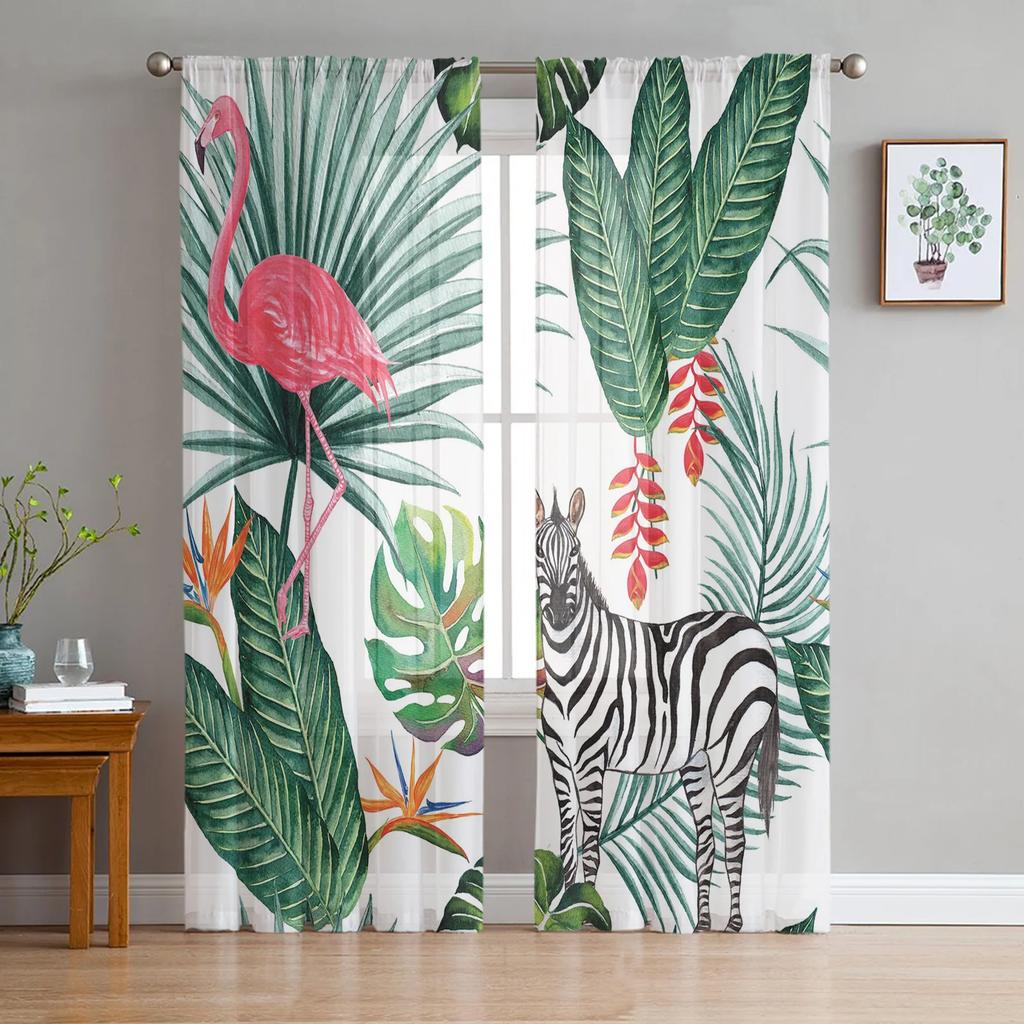 Flamingo Tropical Plant Flower Tulle Curtains Living Room Bedroom Kitchen Window Treatment Chiffon Curtain Blinds Light Filtering Polyester Great