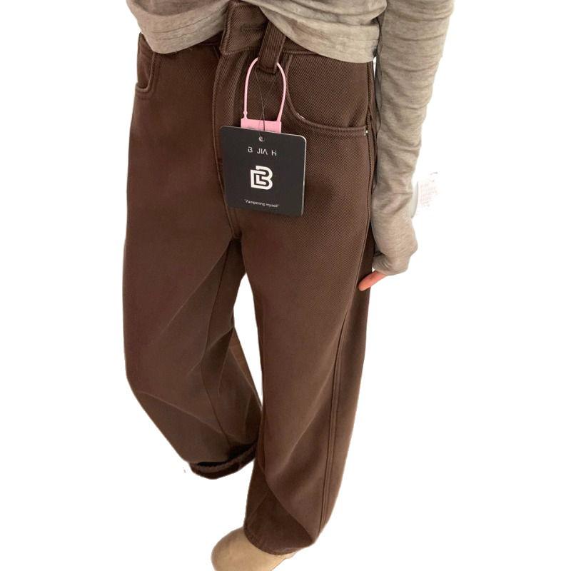 Plus Size Mallard Brown Velvet Jeans for Pear-Shaped Women - Winter Wide Leg Slimming Pants