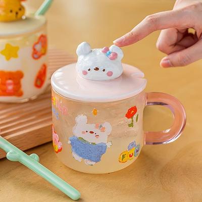 Cană Drăguță din Sticlă Rezistentă la Temperaturi Înalte cu Linguriță și Capac Cani pentru Cuplu Fată Birou Casă Mic Dejun Cafea Cana cu Apă