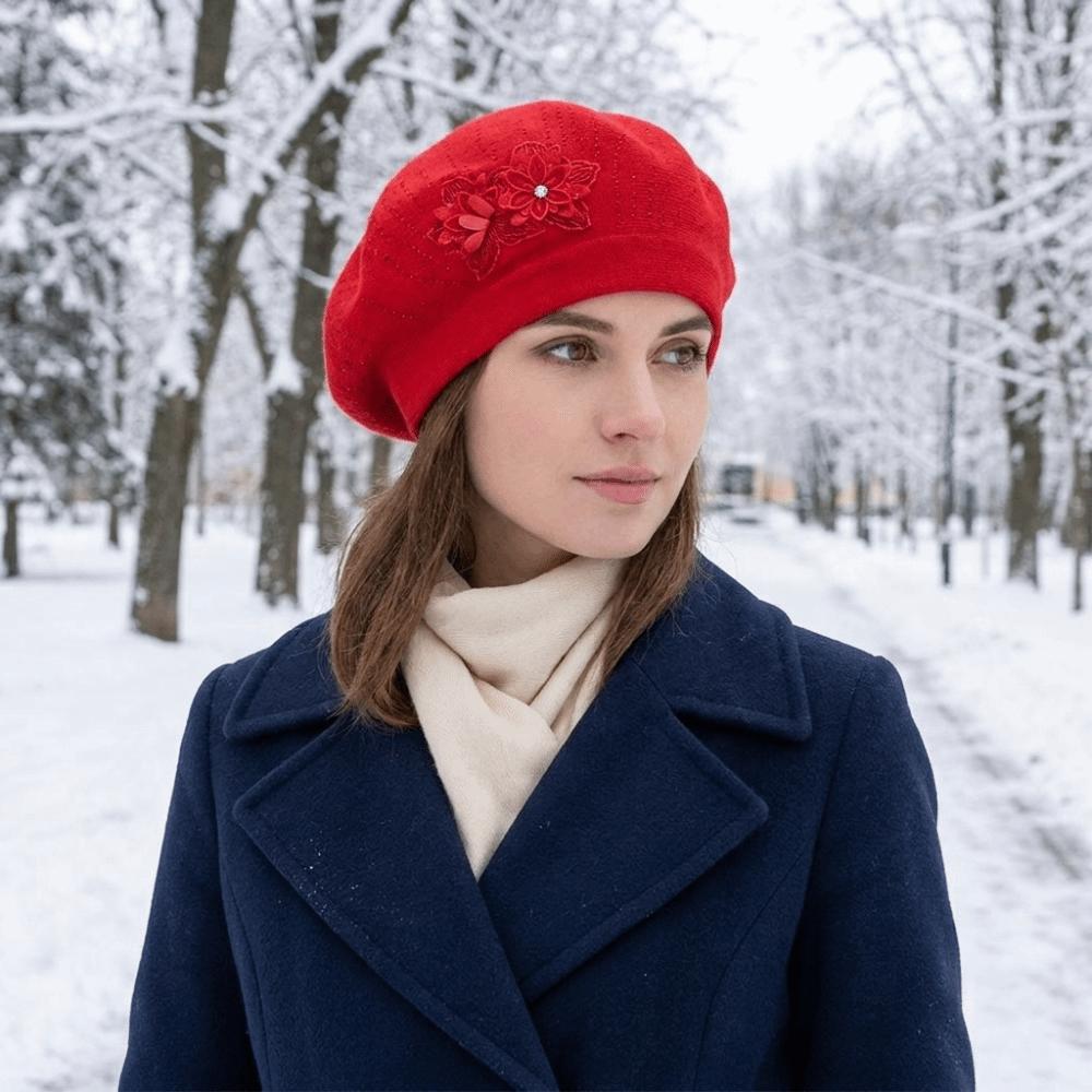 Solid Color Flower Wool Beret Knitted Beret Hat Sweet French Style Painter Cap  Autumn Winter