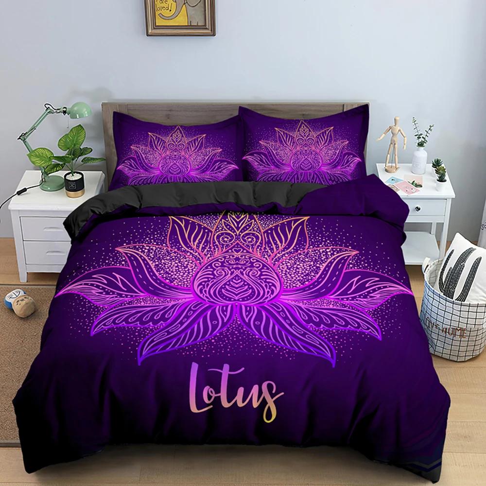 2/3dílná Sada na postel Bohemian Lotus Sada povlaku na přikrývku Mandala Květinový povlak na přikrývku Pro dospělé Černá Polyesterová sada ložního prádla Queen King Twin Pro teenagery
