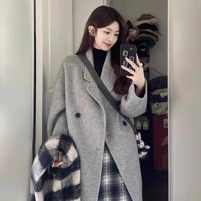 Gray Woolen Coat In Autumn and Winter Korean Mid-length Style Small Hepburn Woolen Coat for Women
