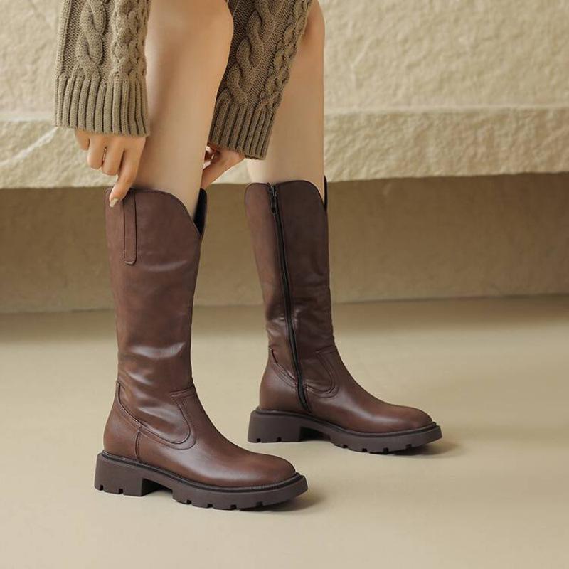 Autumn and Winter Round Head Medium Heel Large Size Fashion Boots Women's Square Heel Solid Color Side Zipper Thick Bottom Non-slip New Round H