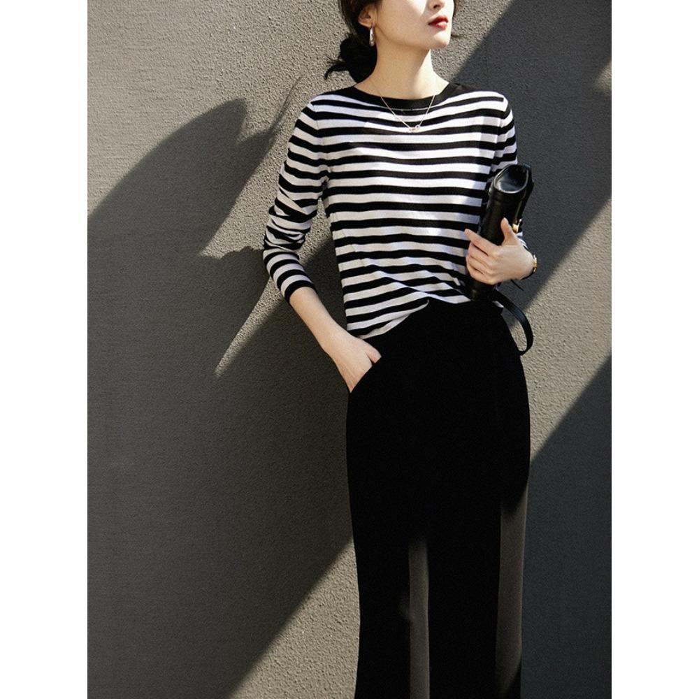 Temperament Versatile Contrasting Blue White Striped Sweater Women s Clothing Spring Autumn New Loose Round Neck Top S чёрный