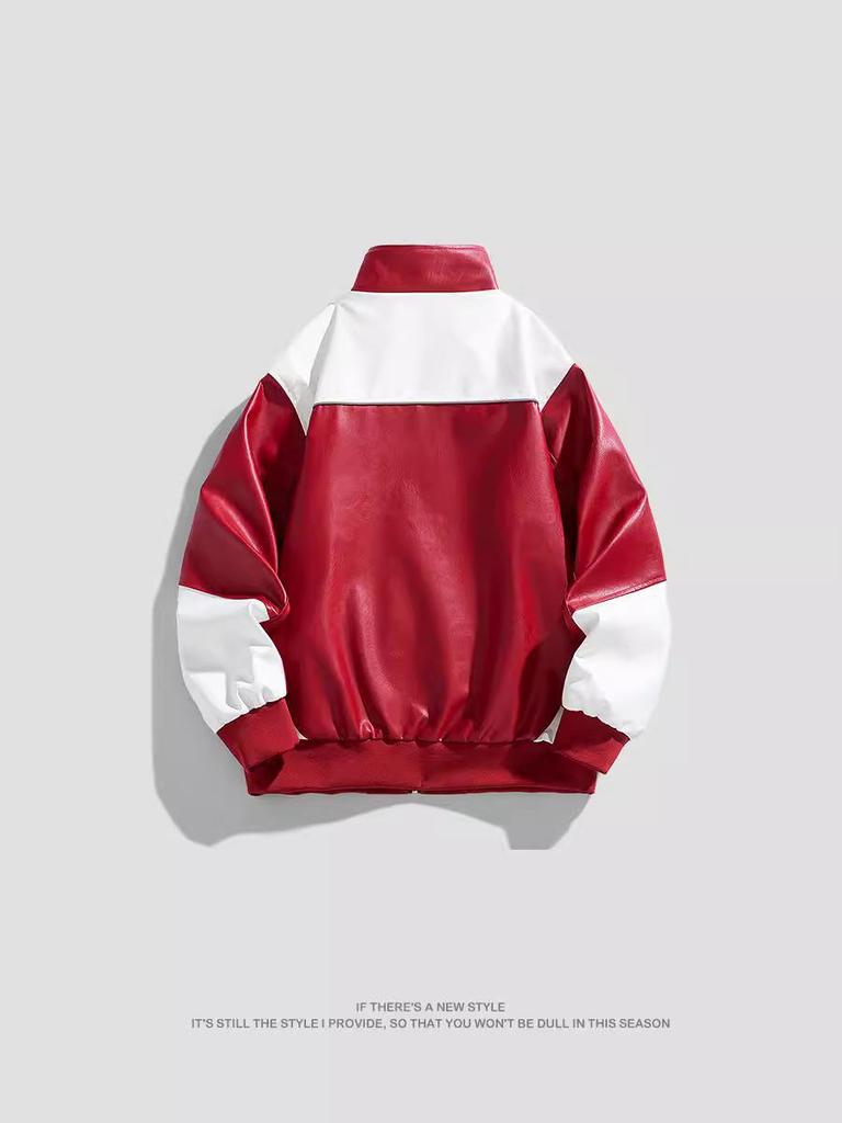 American Style PU Leather Men's Retro Motorcycle Jacket - Stand Collar, Color Block, Spring/Autumn Coat
