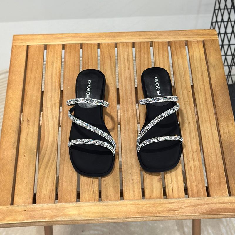 

Серебристые женские туфли-стилеты на высоком каблуке, женские шлепанцы с полными бриллиантами, женская летняя обувь, элегантные босоножки на среднем высоком каблуке, женские модели 40 чёрный