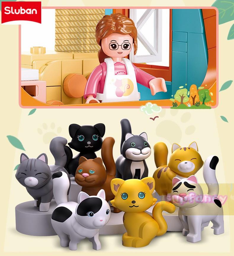 Sluban Girls Construction Blocks Cat Hotel Sakura Tree Villa Cute Pet House Educational Diy Construction Plaything For Kids Birthday Present