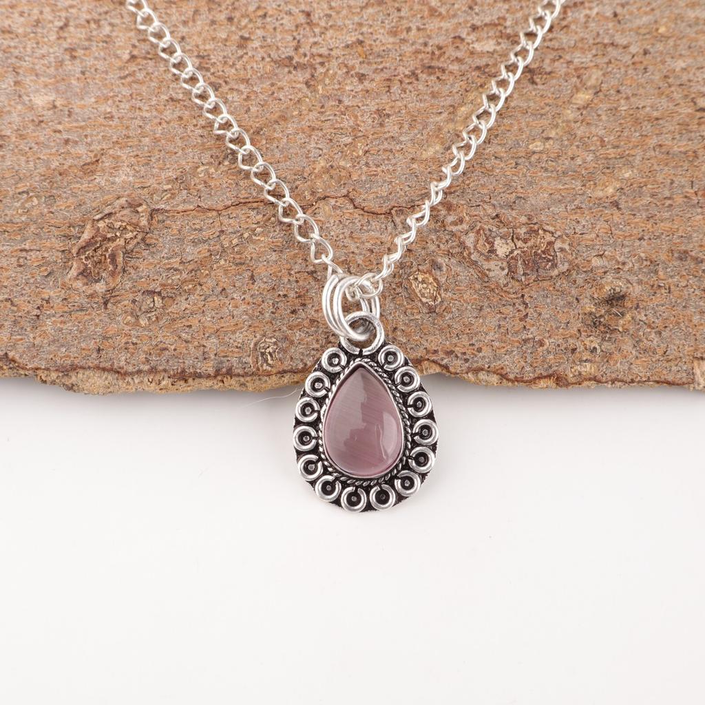Pear Purple Cat'S Eye Stone Mother Gift Unique Boho Pendant Jewelry 925 Silver PP-26-39