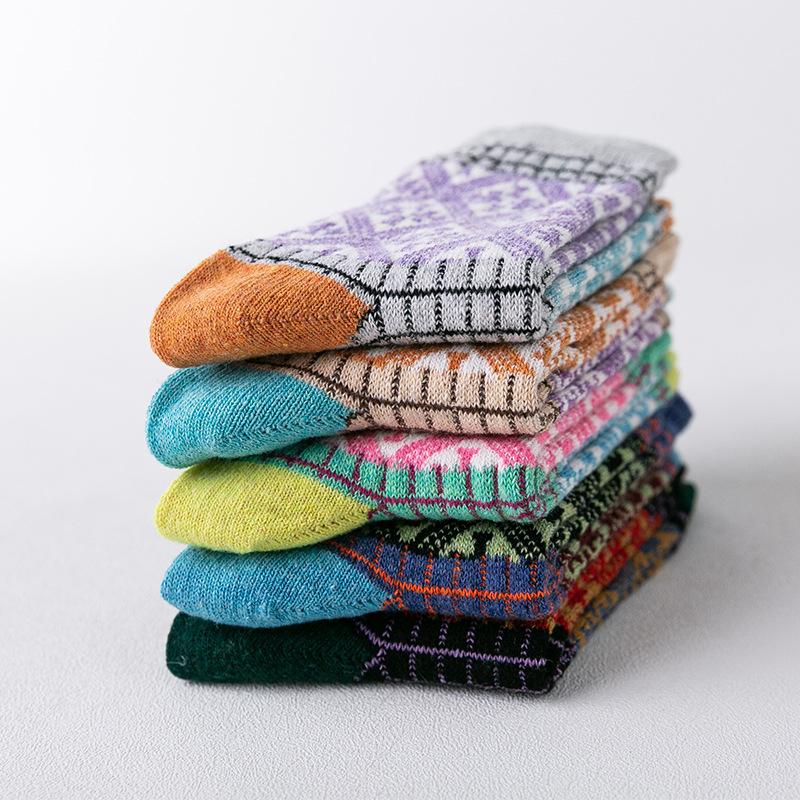 5 Pairs of New Winter Women's Rabbit Ethnic Style Wool Mid Calf Socks