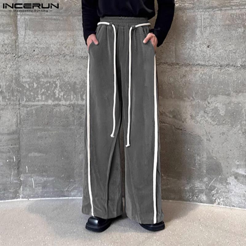 INCERUN Men Drawstring Elastic Waist Corduroy Trousers Side Patchwork Casual Pants With Pockets