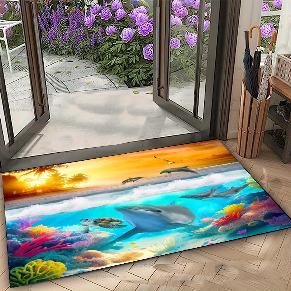 Ocean Scene Door Mat with Dolphins Whales and Rainbow Non-slip Entrance Rug for Home Decor Living Room Bedroom Decoration