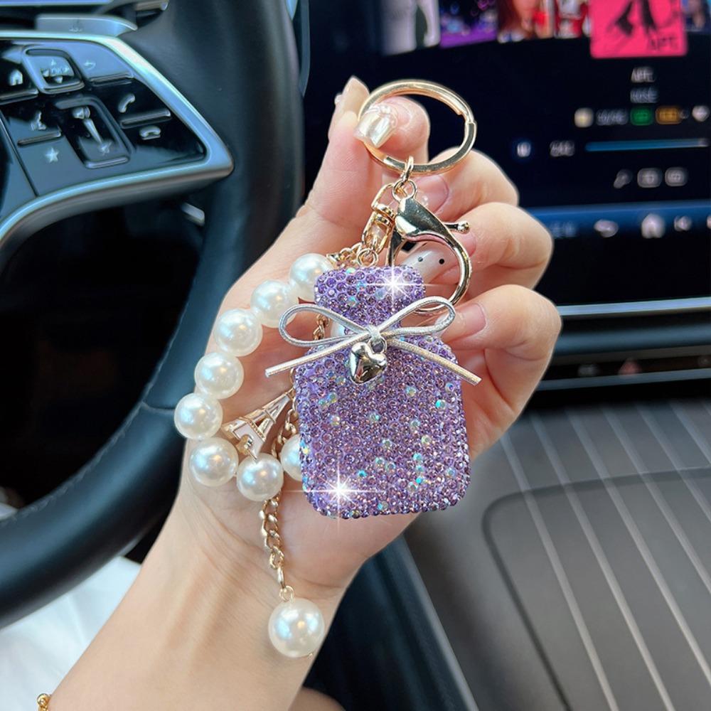 Pearls Perfume Shape Keychain Rhinestone Inlaid Perfume Shape Keyring  Fashion Accessory