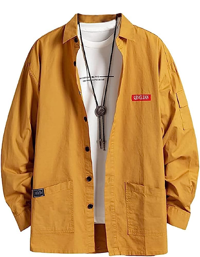 

Aspersio Рубашка рабочая с длинным рукавом со стильным верхом для повседневного визуального американского открытого длинного делового базового типа, желтый воротник, мужская, милитари, на пуговицах