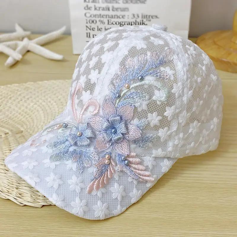 Breathable Summer Thin Lace Baseball Cap Women's Embroidered Flower Mesh Sunshade Hat Korean Style Fashionable Outdoor Cap