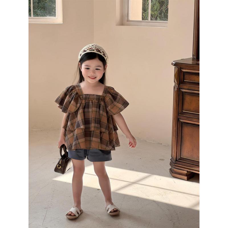 2026 Girls' Mori-style Coffee Plaid Flutter Sleeve Top + Dark Green Shorts Set
