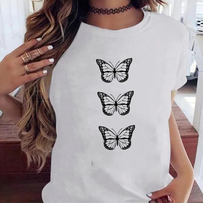 Woman Butterfly Tree Print Harajuku Summer Tshirts Casual Round Neck Short Slee Top Tee Shirt Women Black T-shirt Drop Ship