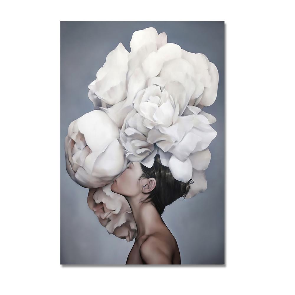 Nordic Home Decorative Poster Women with Rose Flowers Head Wall Art Canvas Painting Modern Interior Living Room Decor No Frame