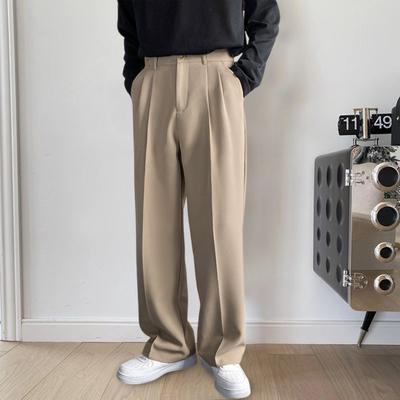 Button Zipper Fly Pockets Loose Korean Style Suit Pants Spring Autumn Mid-Waist Straight Wide Leg Casual Trousers