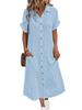 Women's Fashion Solid Color V-neck Short Sleeve Button Long Dress