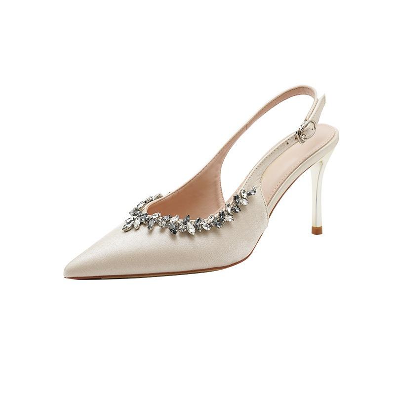 Temperament Rhinestone Thin Heel Commuter Pointed High Heels Women's Summer Wear One Word with Bag Head Sandals