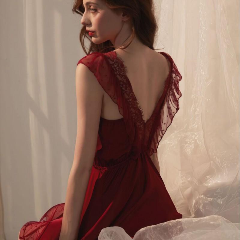 Pure Desire Style Satin Slip Nightdress Sexy Backless Lace Bow Polka Dot Lingerie Women
