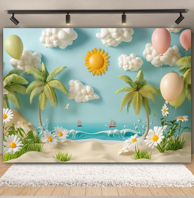 Summer Beach Backdrop Hawaii Tropical Seaside Sunshine Blue Sky Palm Tree Baby Birthday Holiday Party Photography Background