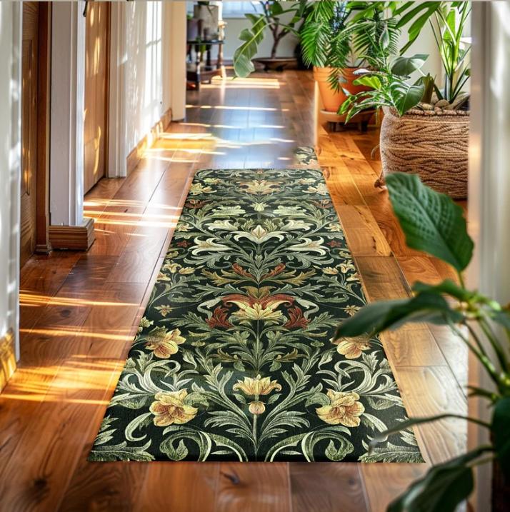 Romantic French Country Runner Rug for Hallway Vintage Cottagecore Embroidered Look Mat Pink Green Shabby Floral Home Decor